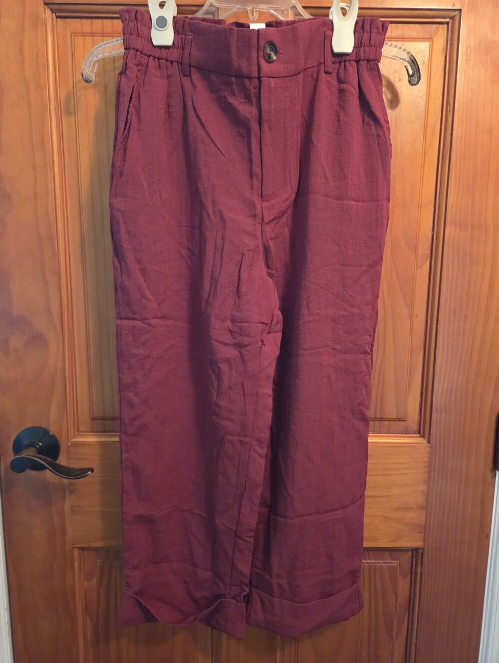 Halara High Waisted Side Pockets Cropped Capri Linen-Feel Biking Red Burgundy S